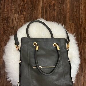 Leather Tote Bag with Gold Hardware - Dark Olive